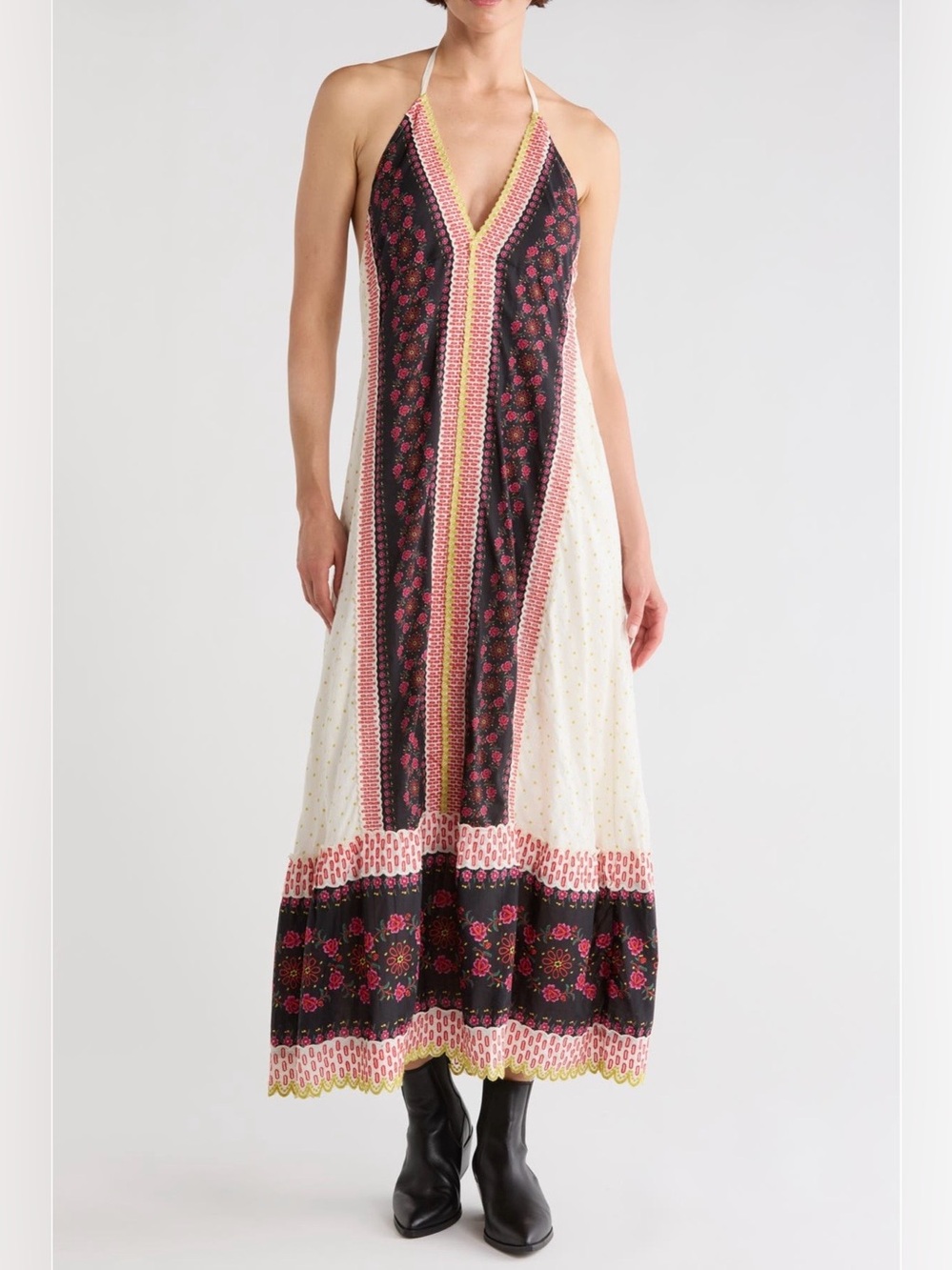 Free People Bohemian Halter Maxi Dress in Black, Pink & Cream NWT 💯 Cotton Shell